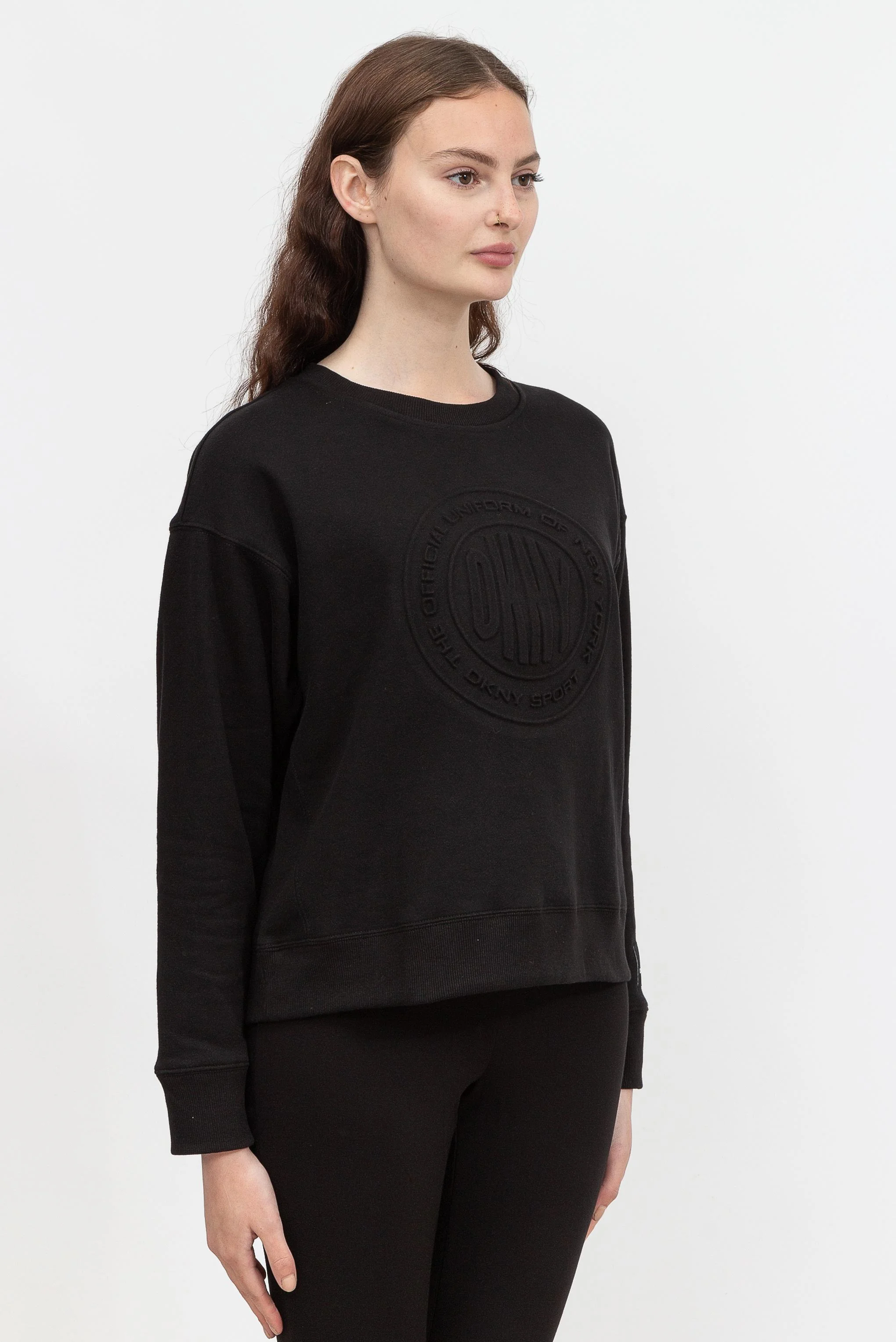 Embossed Medallion C Kadın Bisiklet Yaka Sweatshirt-Siyah - 2