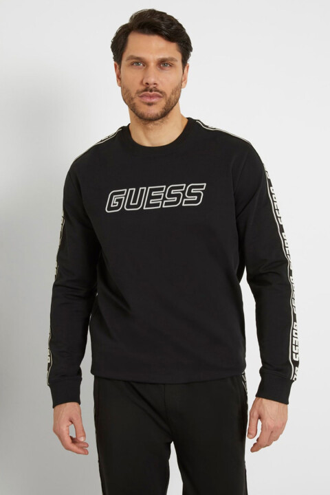 Erkek ARLO CN Kolları Şeritli Önde Logo Sweatshirt - Siyah - GUESS