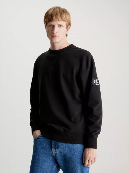 Erkek Badge Bisiklet Yaka Sweatshirt - Siyah - CALVIN KLEIN