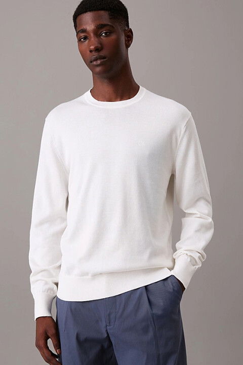 Erkek Bisiklet Yaka Supima Pamuklu Triko Kazak - Beyaz - Calvin Klein