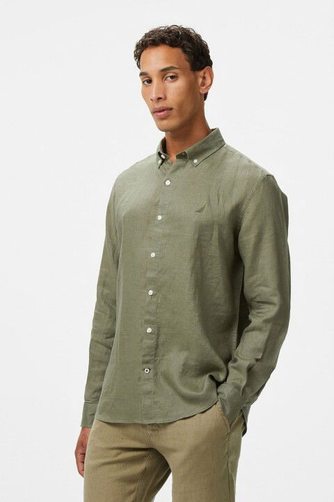 Erkek Classic Fit Keten Gömlek - Yeşil - Nautica