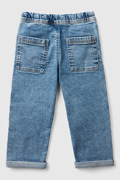 Erkek Çocuk Denim Beli Lastikli Büzgü İpli Kıvrık Paça Denim Pantolon - Mavi - 2