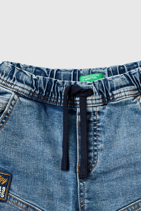 Erkek Çocuk Denim Beli Lastikli Büzgü İpli Kıvrık Paça Denim Pantolon - Mavi - 3