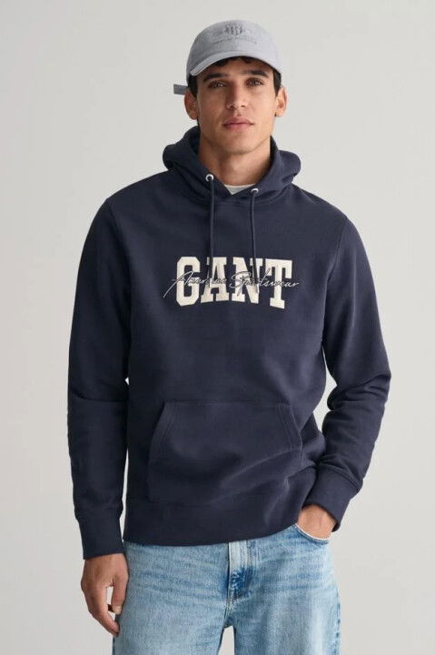 Erkek Gant Regular Fit Kapüşonlu Logolu Sweatshirt - Lacivert - GANT