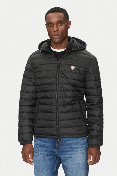 Erkek Gj Hooded Puffer Şişme Mont - Siyah - Guess