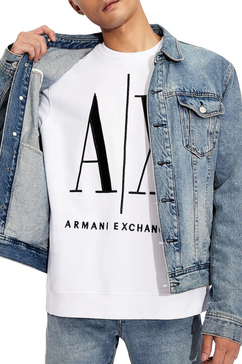 ERKEK Önde AX Logolu Bisiklet Yaka Sweatshirt - Beyaz - Armani Exchange