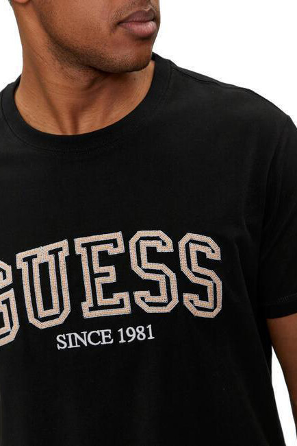 Erkek Önde Guess Yazılı Kolej T-Shirt - Siyah - 2