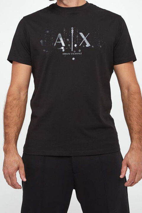 Erkek Önü Logolu Bisiklet Yaka T-Shirt - Siyah - Armani Exchange