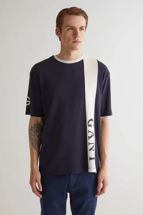 Erkek Oversize Fit Bisiklet Yaka Logolu T-shirt - Lacivert - 1