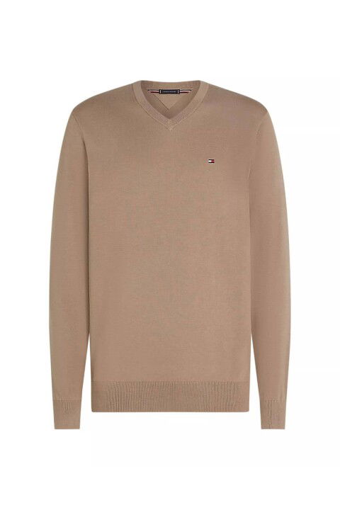 Erkek Regular Fit V Yaka Pamuklu Triko Kazak - Bej - Tommy Hilfiger