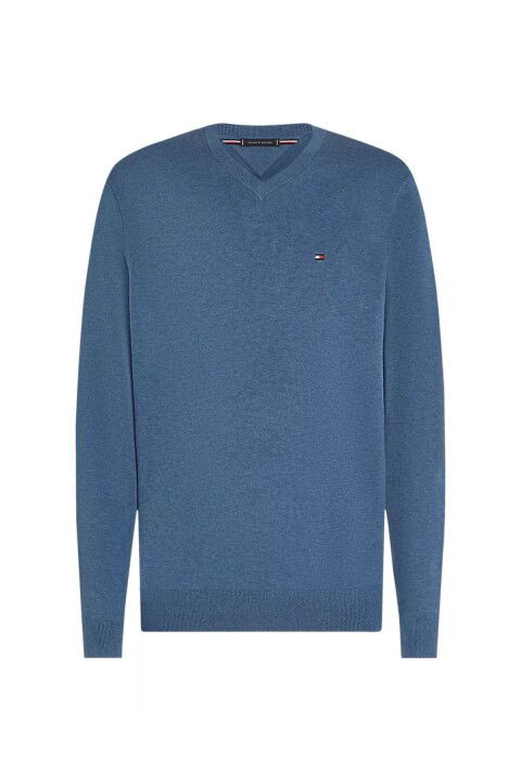 Erkek Regular Fit V Yaka Pamuklu Triko Kazak - Mavi - Tommy Hilfiger