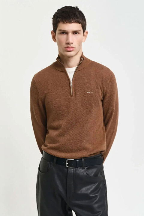 Erkek Regular Fit Yarım Fermuarlı Kazak - Kahverengi - Gant
