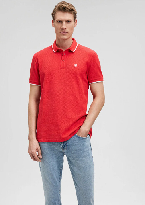 Erkek Şerit Detaylı Polo Tişört - Kırmızı - MAVİ
