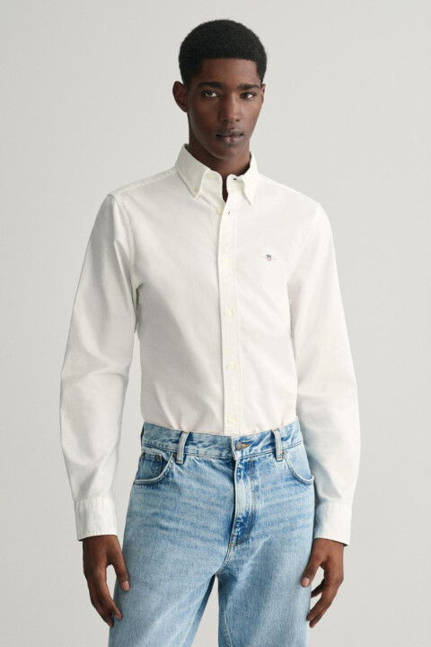 Erkek Slim Fit Düğmeli Yaka Logolu Gömlek - Beyaz - GANT
