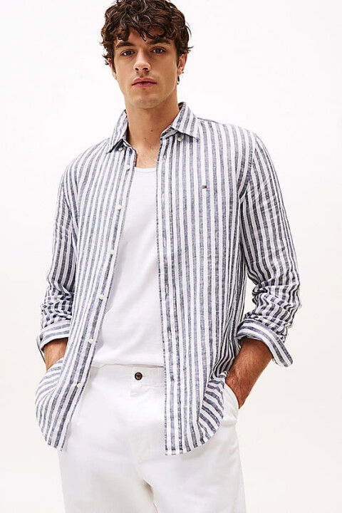 Erkek Th Linen Çizgili Gömlek - Lacivert - Tommy Hilfiger