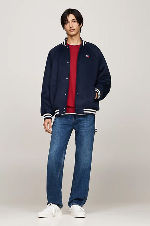 Erkek Yünlü Kontrast Şeritli Bomber Mont- Mavi - Tommy Hilfiger