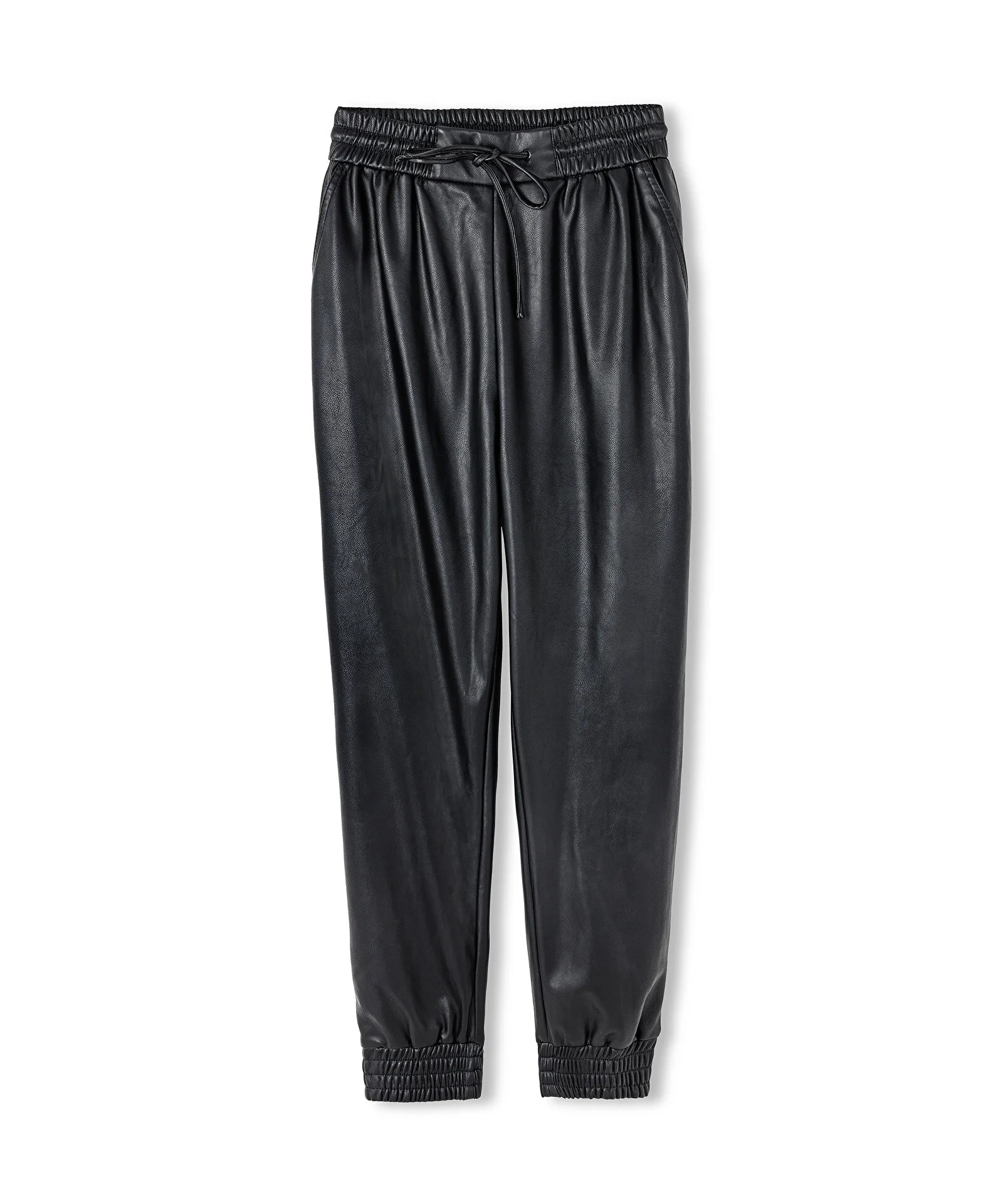 Deri Görünümlü Jogger Pantolon-Siyah - 5