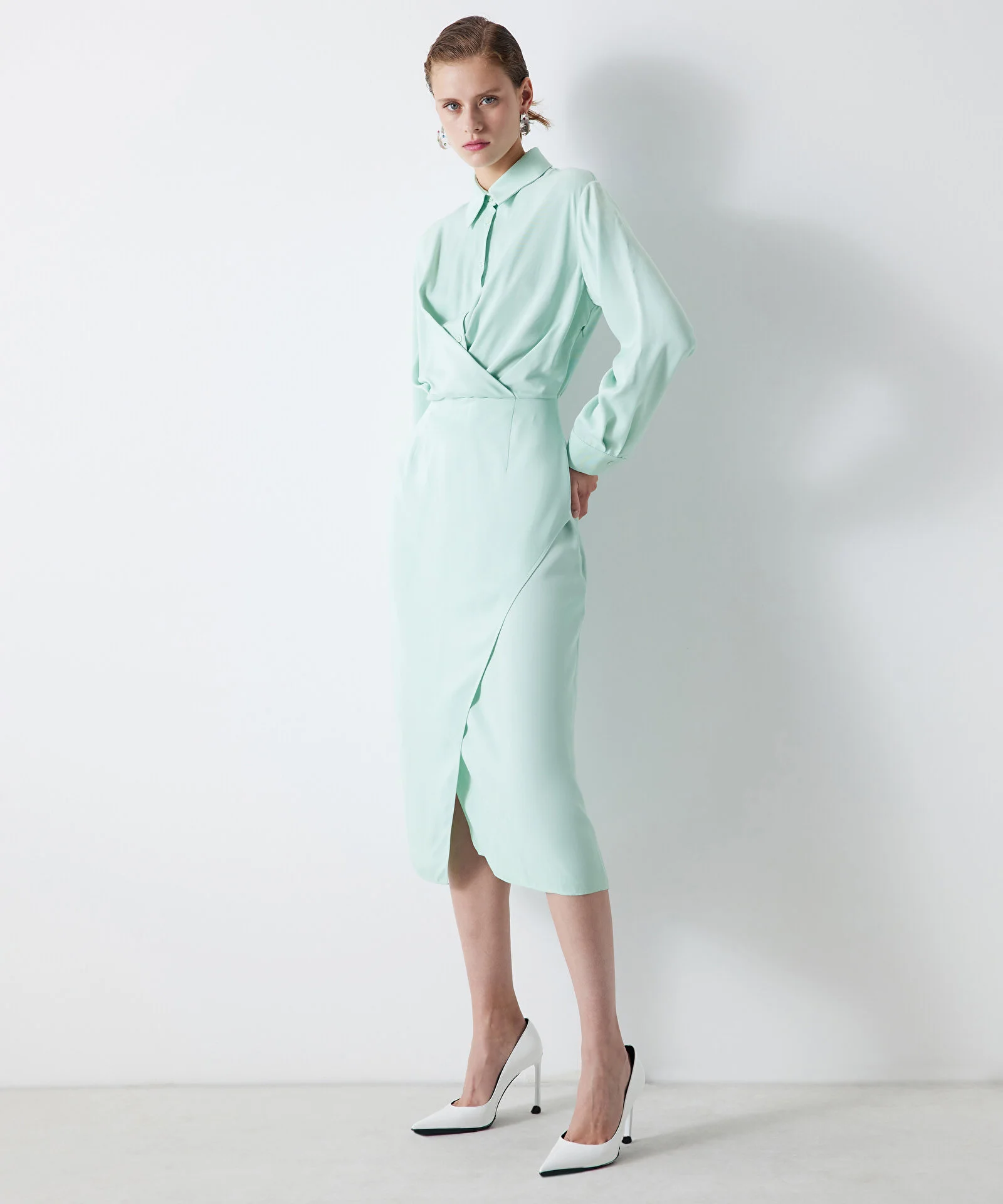 Drapeli Saten Elbise-Mint - 3