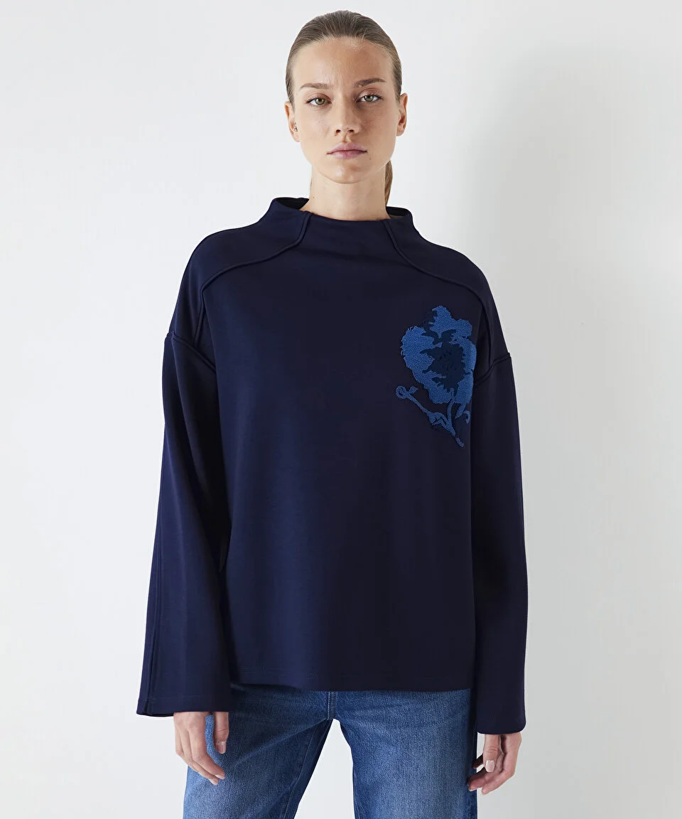 Kadın Çiçek Baskılı Sweatshirt - Lacivert - 1