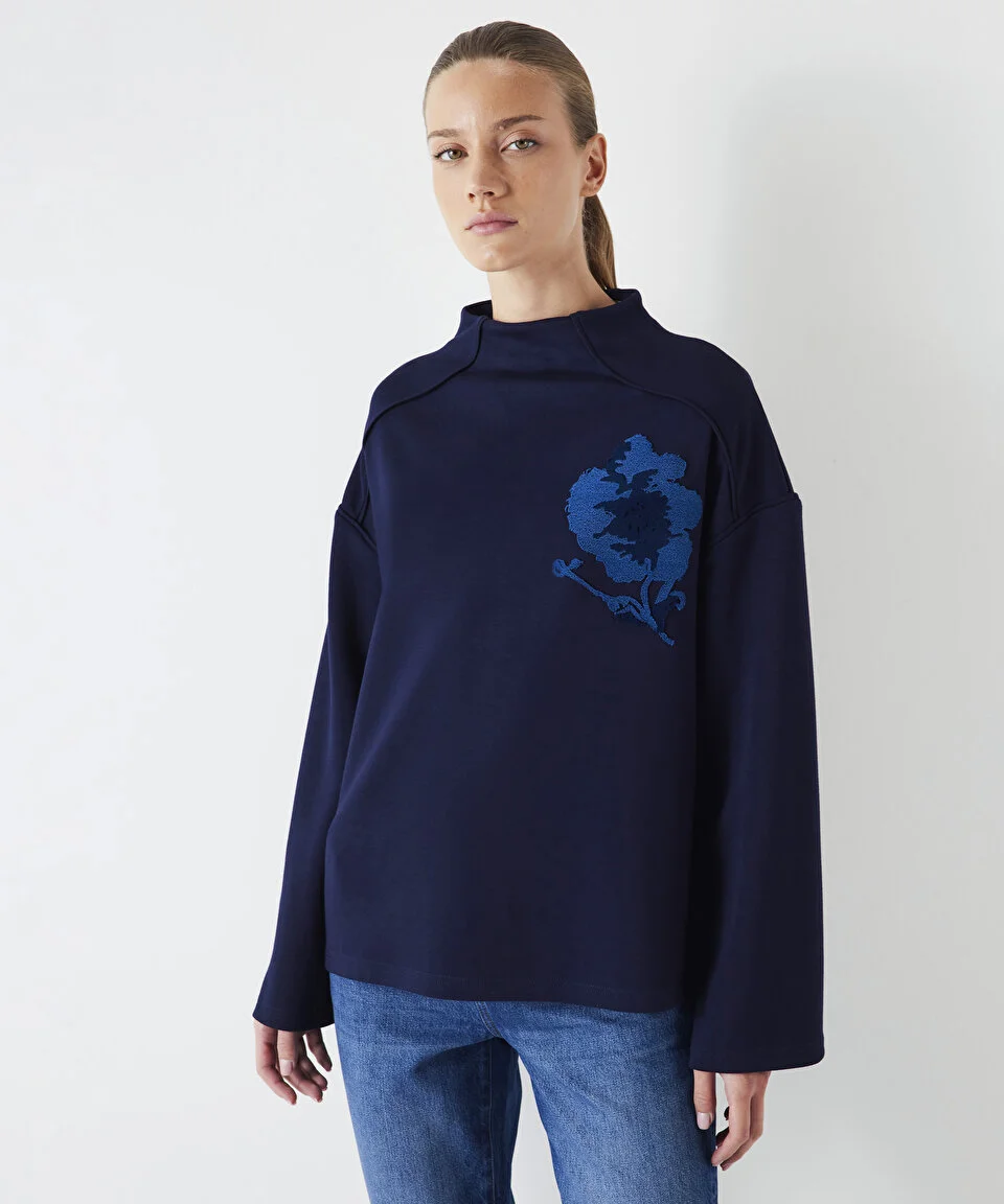 Kadın Çiçek Baskılı Sweatshirt - Lacivert - 2