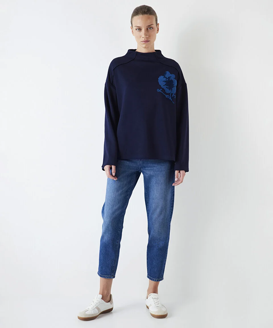 Kadın Çiçek Baskılı Sweatshirt - Lacivert - 3