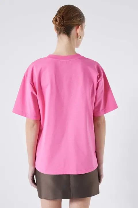 Kadın Kısa Kollu Bisiklet Yaka T-Shirt - Pembe - 4