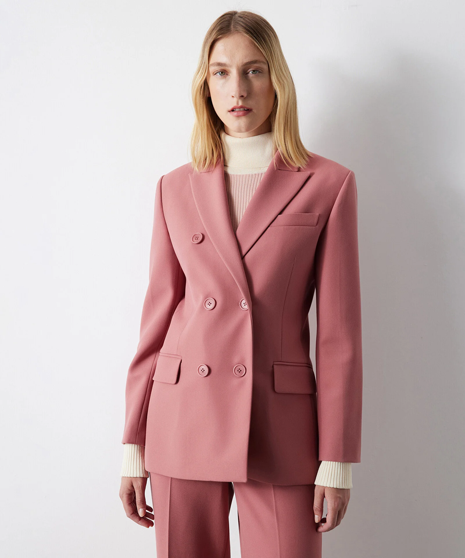 Kruvaze Blazer Ceket-Pudra Pembe - 1