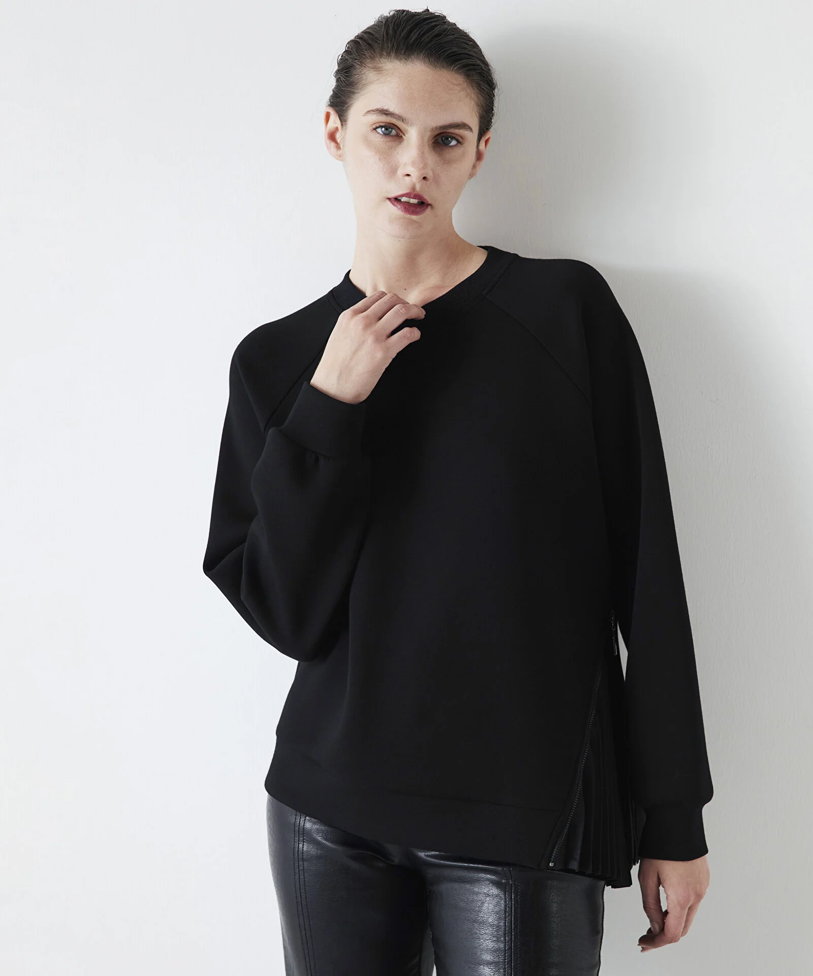 Kumaş Mix Oversize Sweatshirt-Siyah - 2