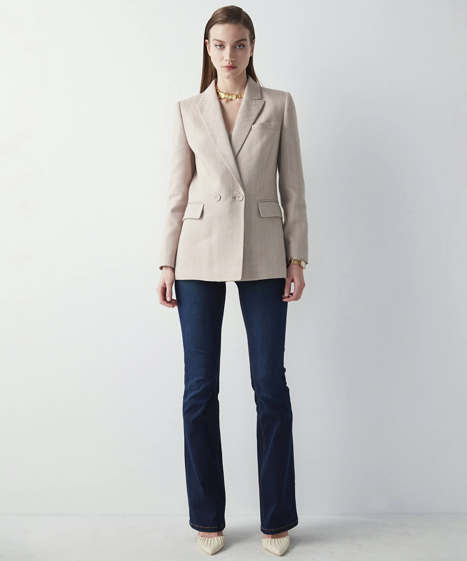 Sim Şeritli Tüvit Blazer Ceket-Naturel - 3