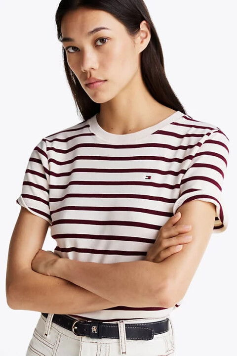 Kadın Çizgili Slim Fit T-Shirt - Beyaz - Tommy Hilfiger