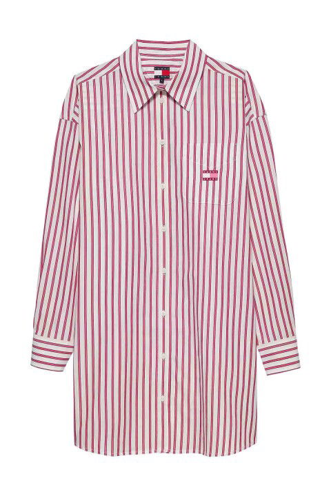 Kadın Çizgili Uzun Kollu Gömlek Elbise - Pembe Ekru - Tommy Hilfiger