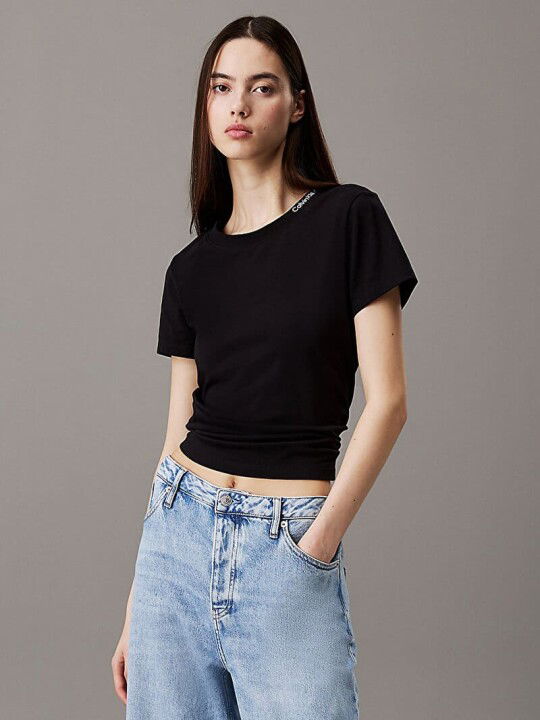 Kadın Ck Logo Neckline T-Shirt - Siyah - Calvin Klein