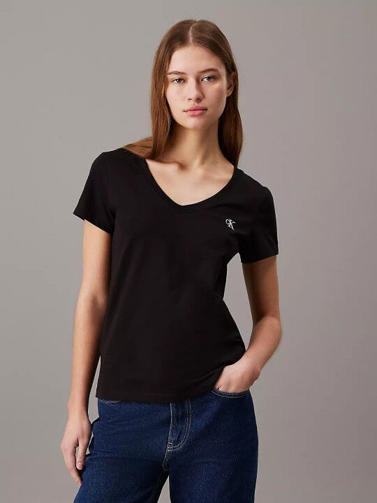 Kadın Ck Nakışlı Streç V Yaka T-Shirt- Siyah - CALVIN KLEIN