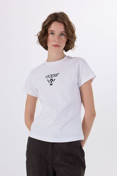 Kadın Colette Önü Logolu Stretch T-Shirt - Beyaz - Guess