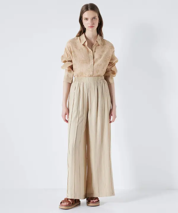 Kadın Dokulu Wide Leg Fit Pantolon-Naturel - 1