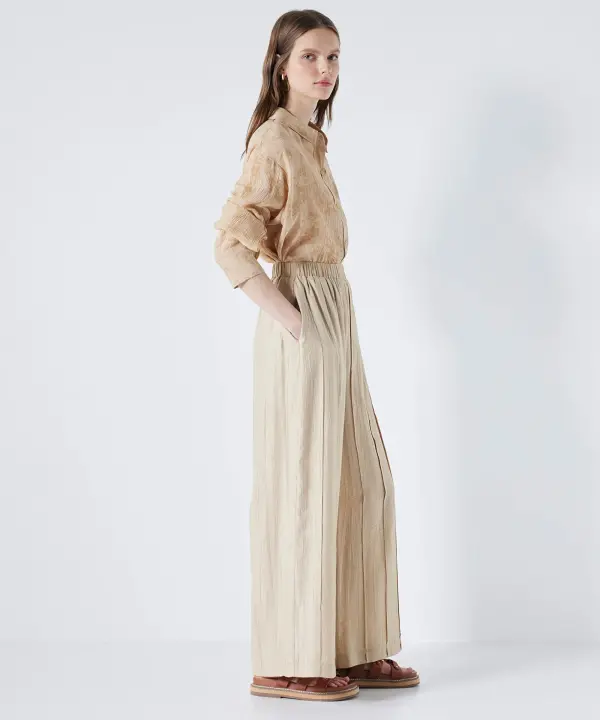 Kadın Dokulu Wide Leg Fit Pantolon-Naturel - 2