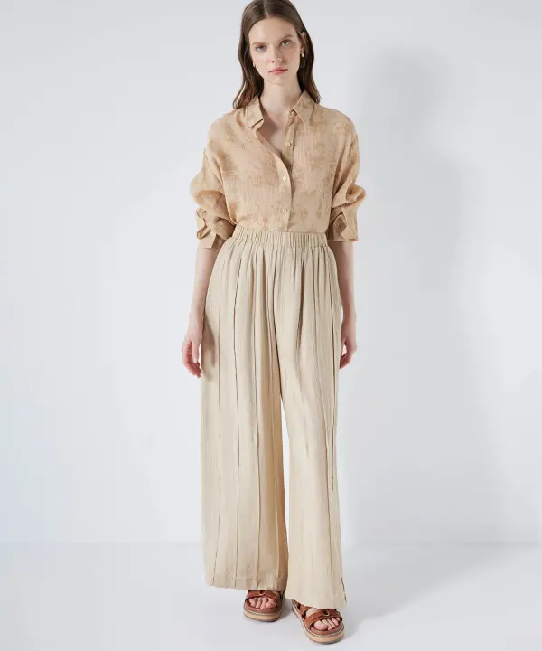 Kadın Dokulu Wide Leg Fit Pantolon-Naturel - 3