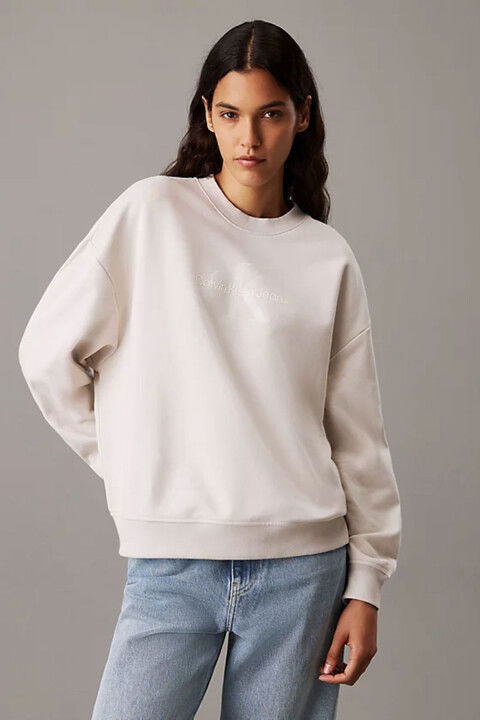 Kadın Glossy Monologo Regular Crewneck Sweatshirt - Gri - Calvin Klein