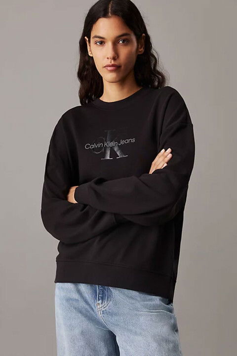 Kadın Glossy Monologo Regular Crewneck Sweatshirt - Siyah - Calvin Klein