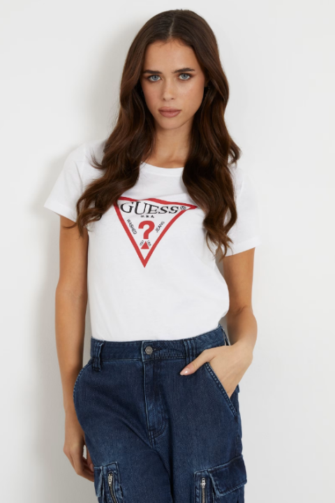 Kadın Üçgen Logolu T-Shirt / Beyaz - GUESS
