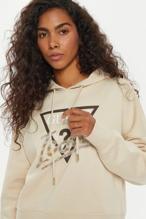Kadın Hooded Icon Sweatshı Sweatshirt - Bej - GUESS