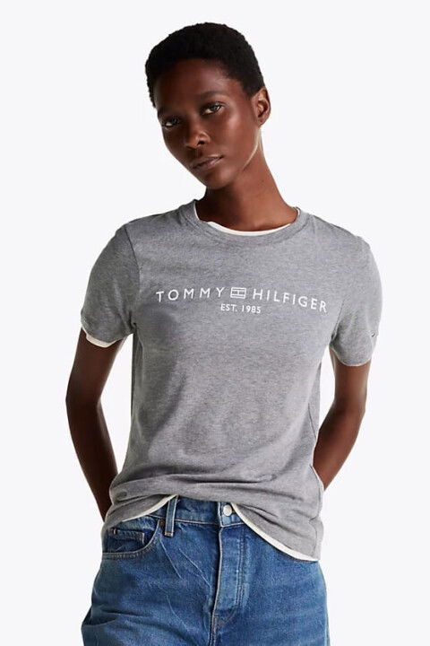 Kadın Logo Yuvarlak Yaka T-Shirt - Gri - Tommy Hilfiger
