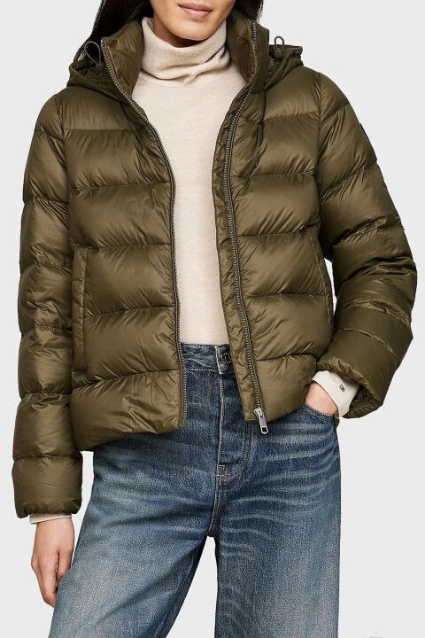 Kadın Lw Logolu Kaz Tüyü Dolgulu Regular Fit Kapüşonlu Şişme Mont- Haki - Tommy Hilfiger