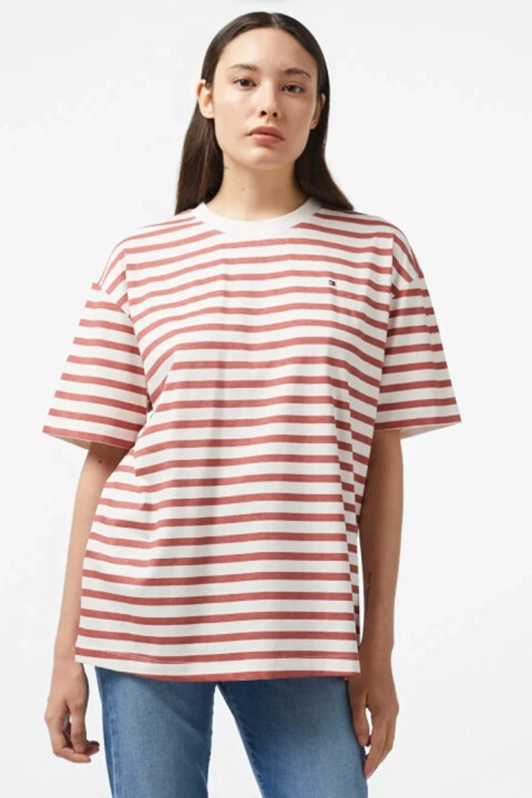 Kadın MODERN REG STRIPE C-NK SS T-Shirt-Beyaz - Tommy Hilfiger