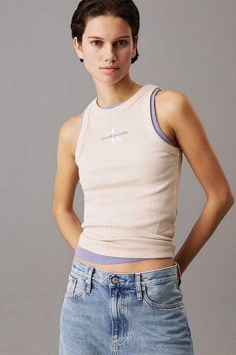 Kadın Monologo Rib Tank Top Bluz - Kum - Calvin Klein