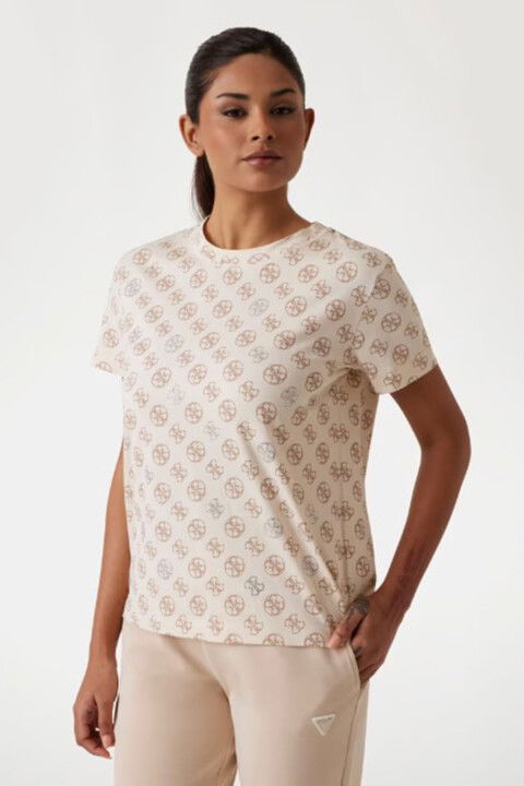 Kadın Nomie Tamamı 4G Logolu T-Shirt - Bej - Guess