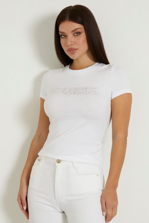 Kadın Önde Sangallo Logolu Streç T-shirt - Beyaz - GUESS