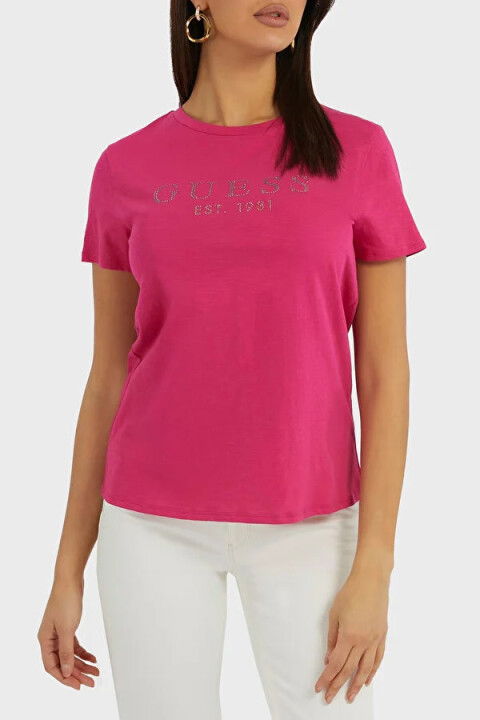 Kadın Önde Taşlı Logolu T-Shirt / Pembe - GUESS