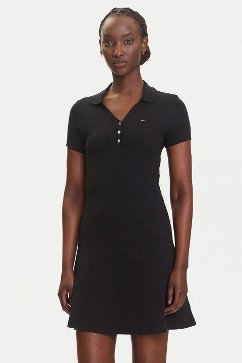 Kadın Polo Yaka Fit & Flare Kesim Fitilli Elbise - Siyah - Tommy Hilfiger