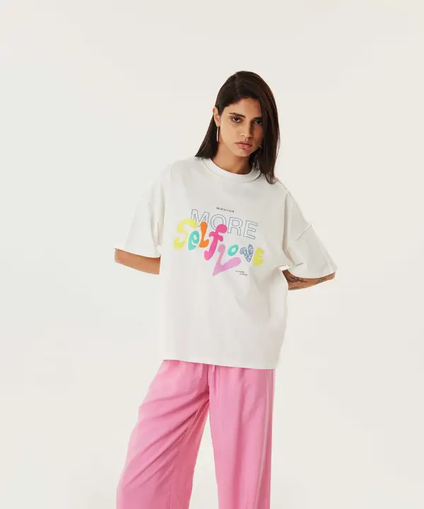 Kadın Slogan Desen Oversize T-Shirt - Ekru - 2